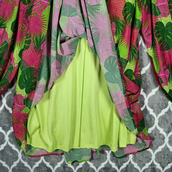 Palms Away Dress Womens Large Pink Green Tropical Palm Long Sleeve Resort - Picture 4 of 10